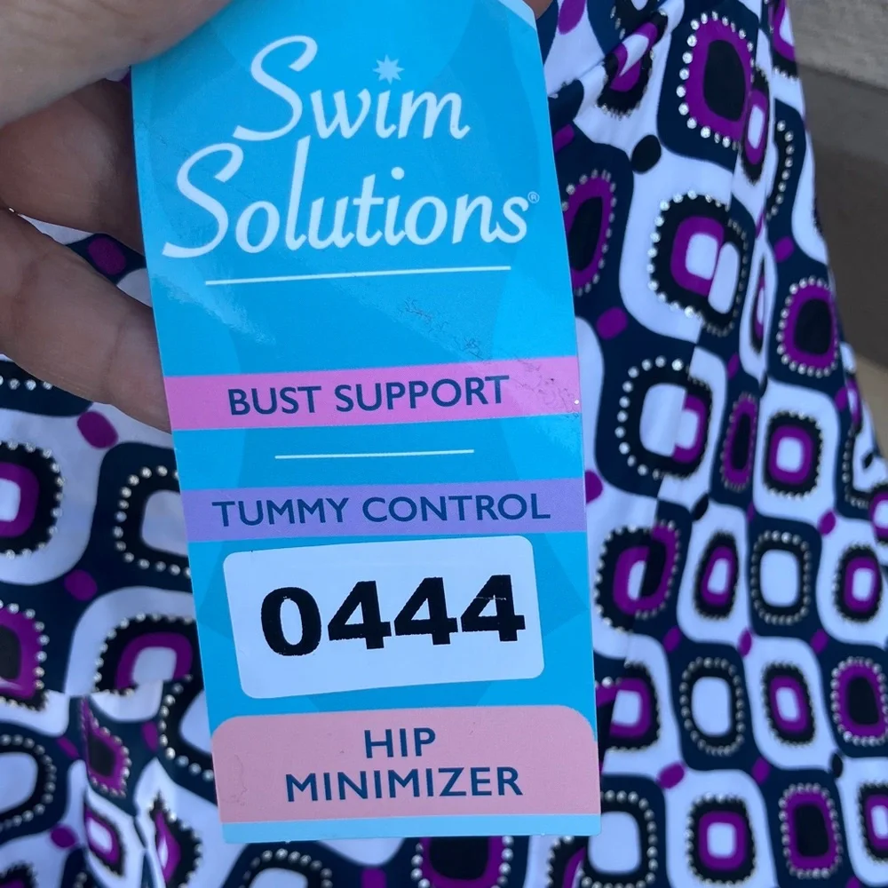 Swim Solutions Black White and Purple Geometric One Piece Swimdress - Picture 2 of 10